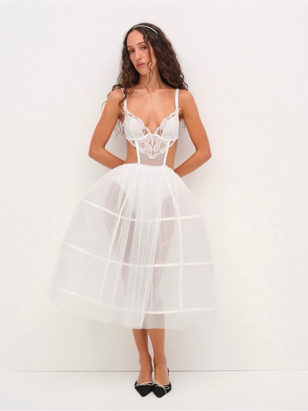 For Love And Lemons Blushing Blooms White Mesh Lace Hoop Midi Dress